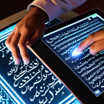 **Prompt:** *A skilled Urdu calligrapher, illuminated by a soft digital glow, composes a verse about digital responsibility on a holographic tablet. Incorporate traditional Urdu design elements seamlessly integrated with futuristic tech.*